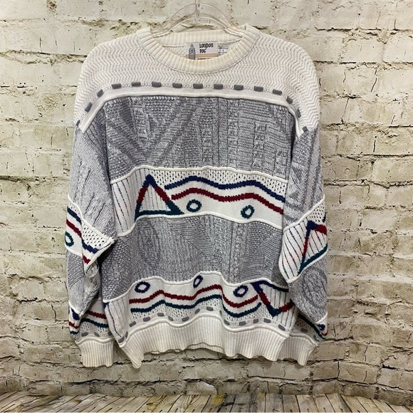 Vintage 80s London Fog Knit Gray White Printed Grandpa Sweater - Picture 1 of 4